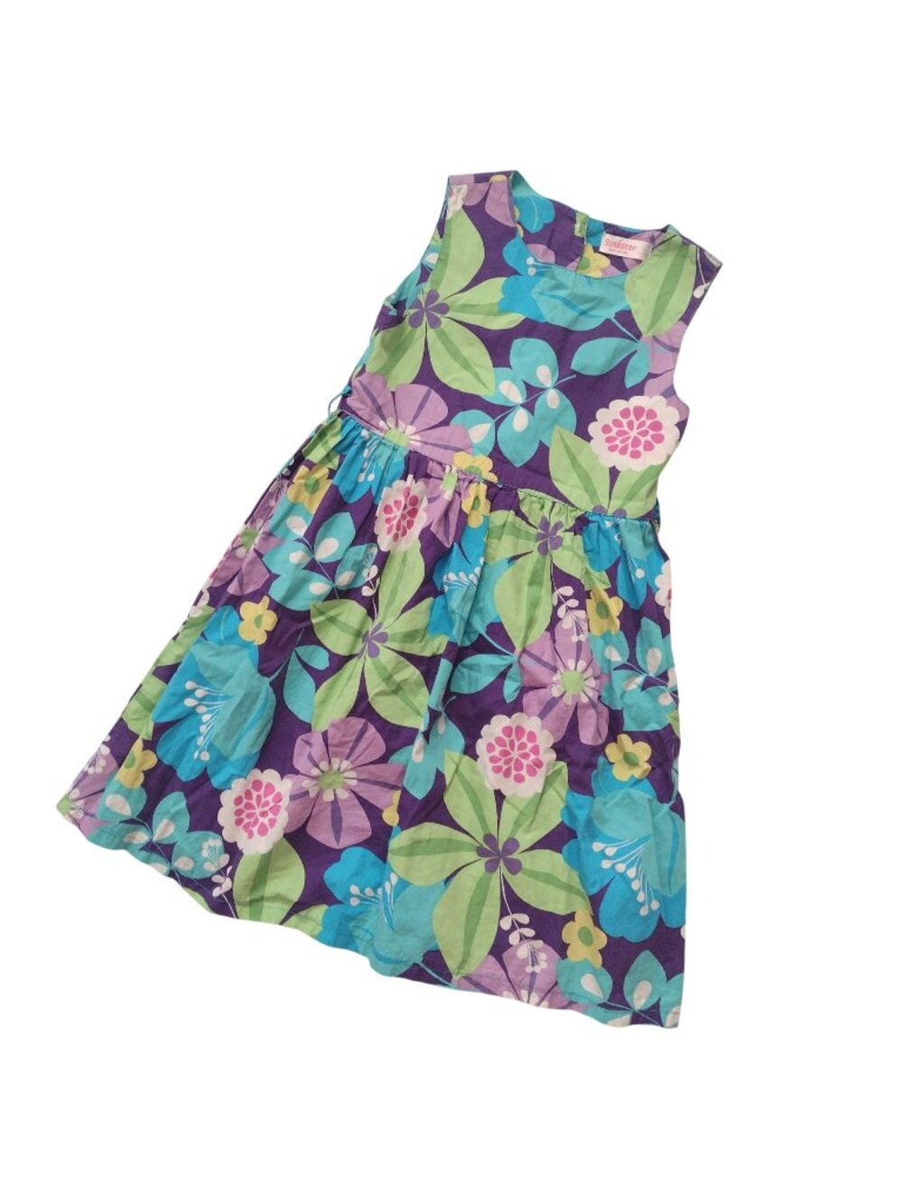 Sunboree Tropical Print Cotton Dress 9/10 Cotton Purple Green Floral Sundress